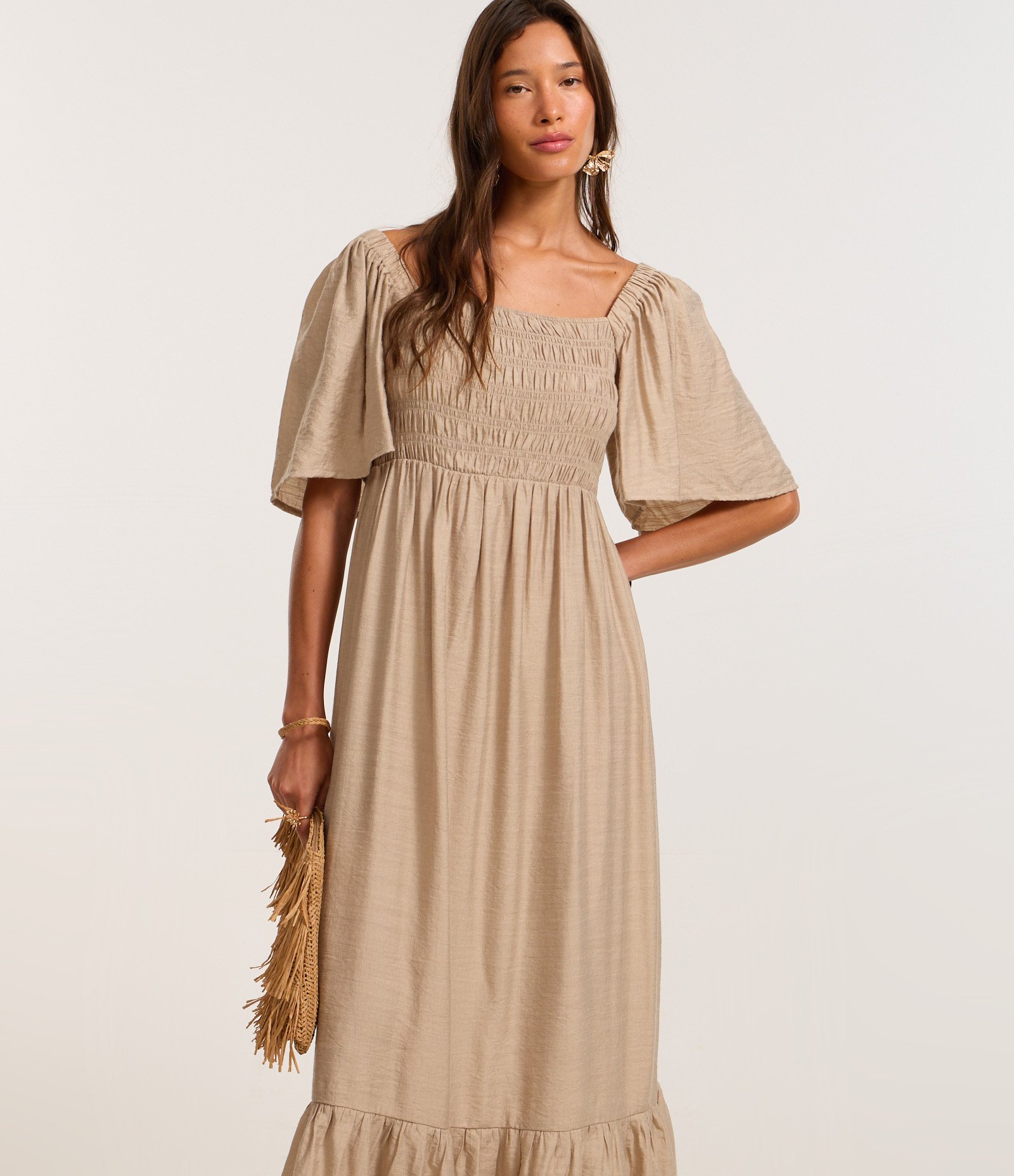 Vestido Long Midi com Lastex no Busto Bege 2