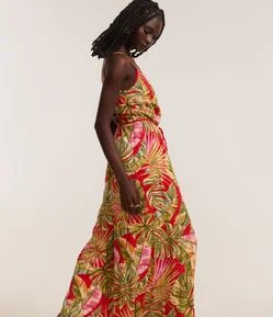 Macacão Pantalona em Chalis com Estampa de Folhagem e Cinto Corda