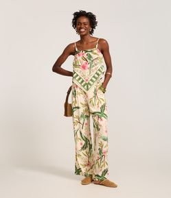 Calça Pantalona em Viscolinho com Estampa Tropical