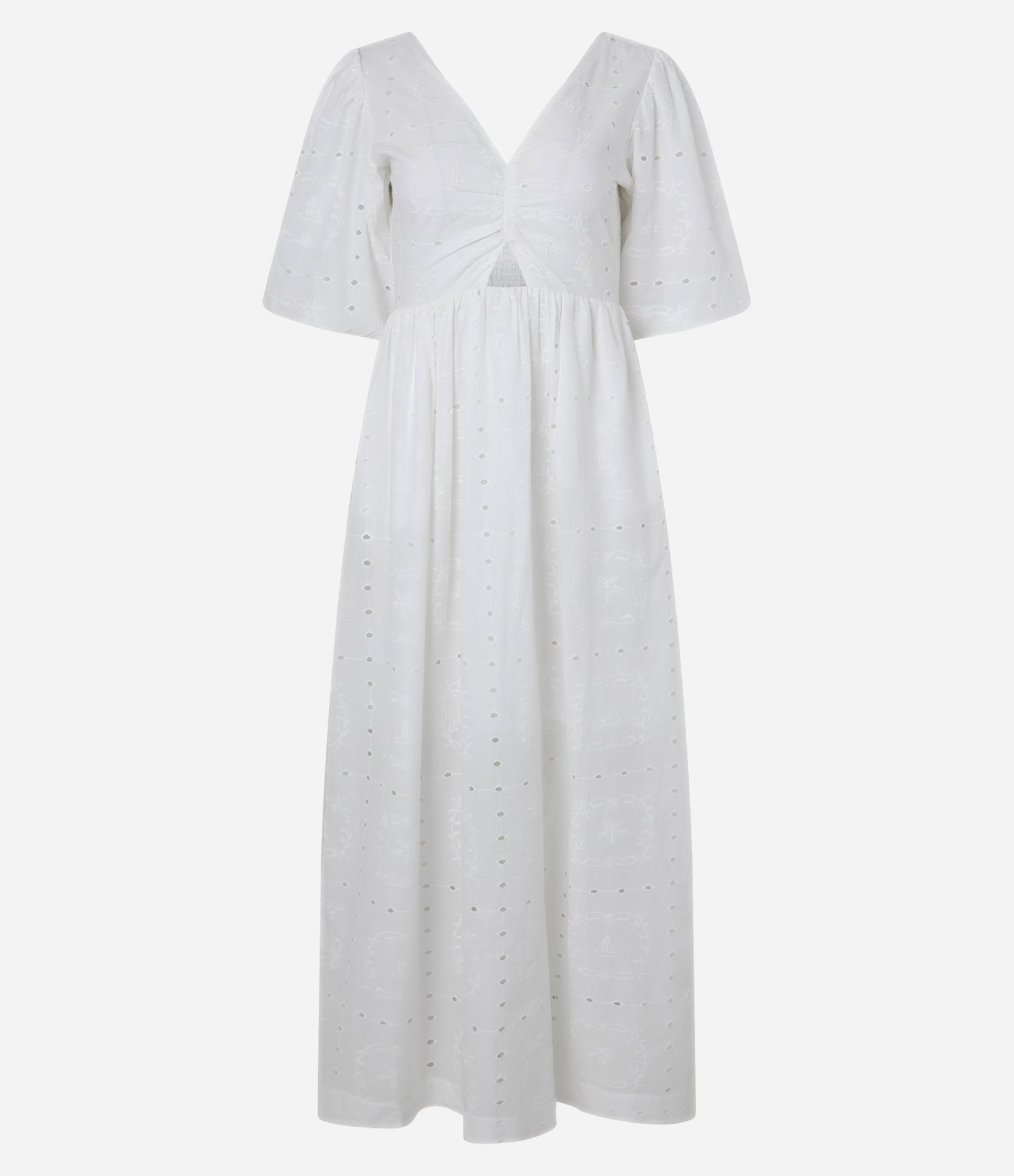 Vestido Reto Longo em Laise com Furos e Bordado de Folhagem Off White 5