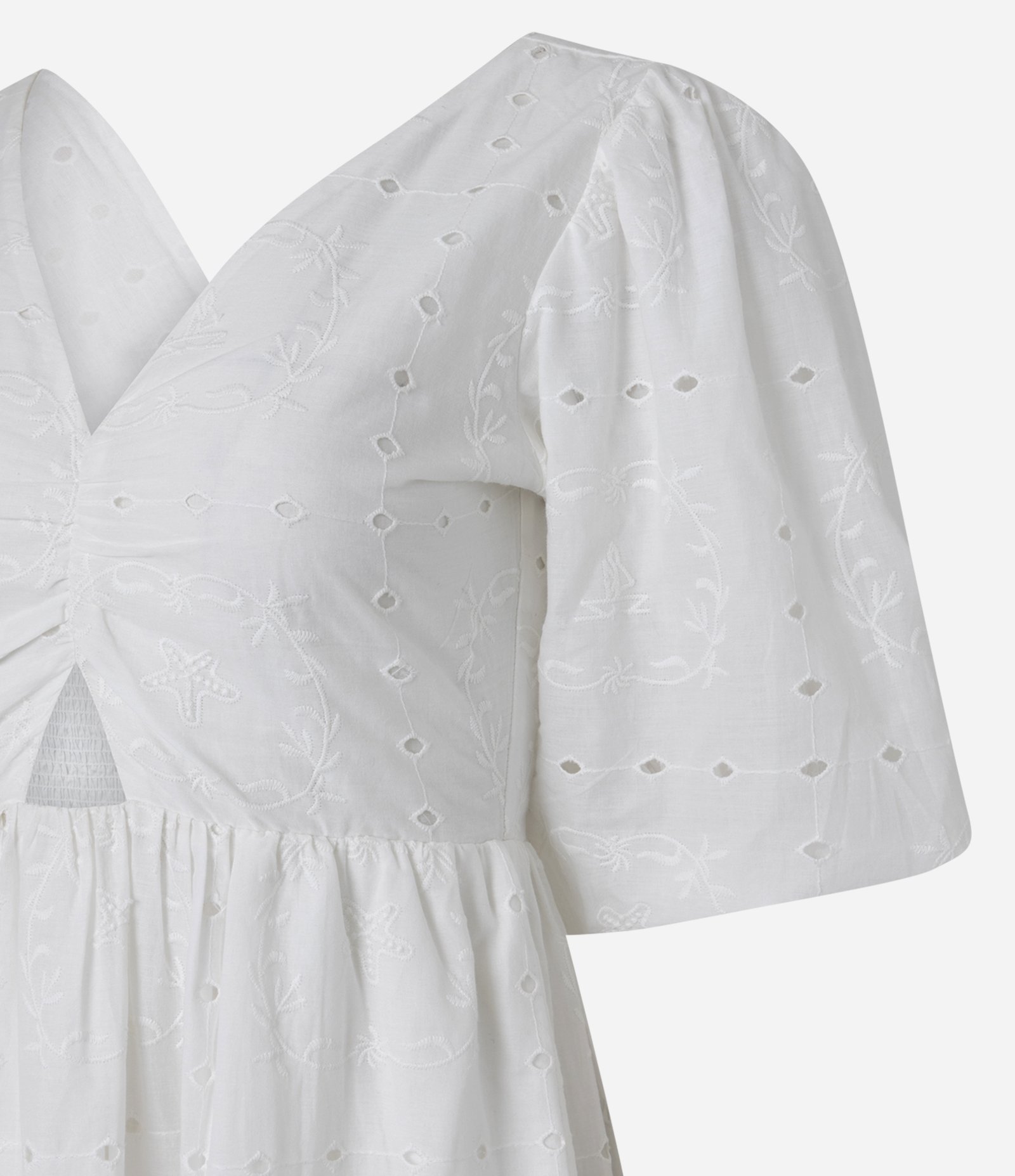 Vestido Reto Longo em Laise com Furos e Bordado de Folhagem Off White 6