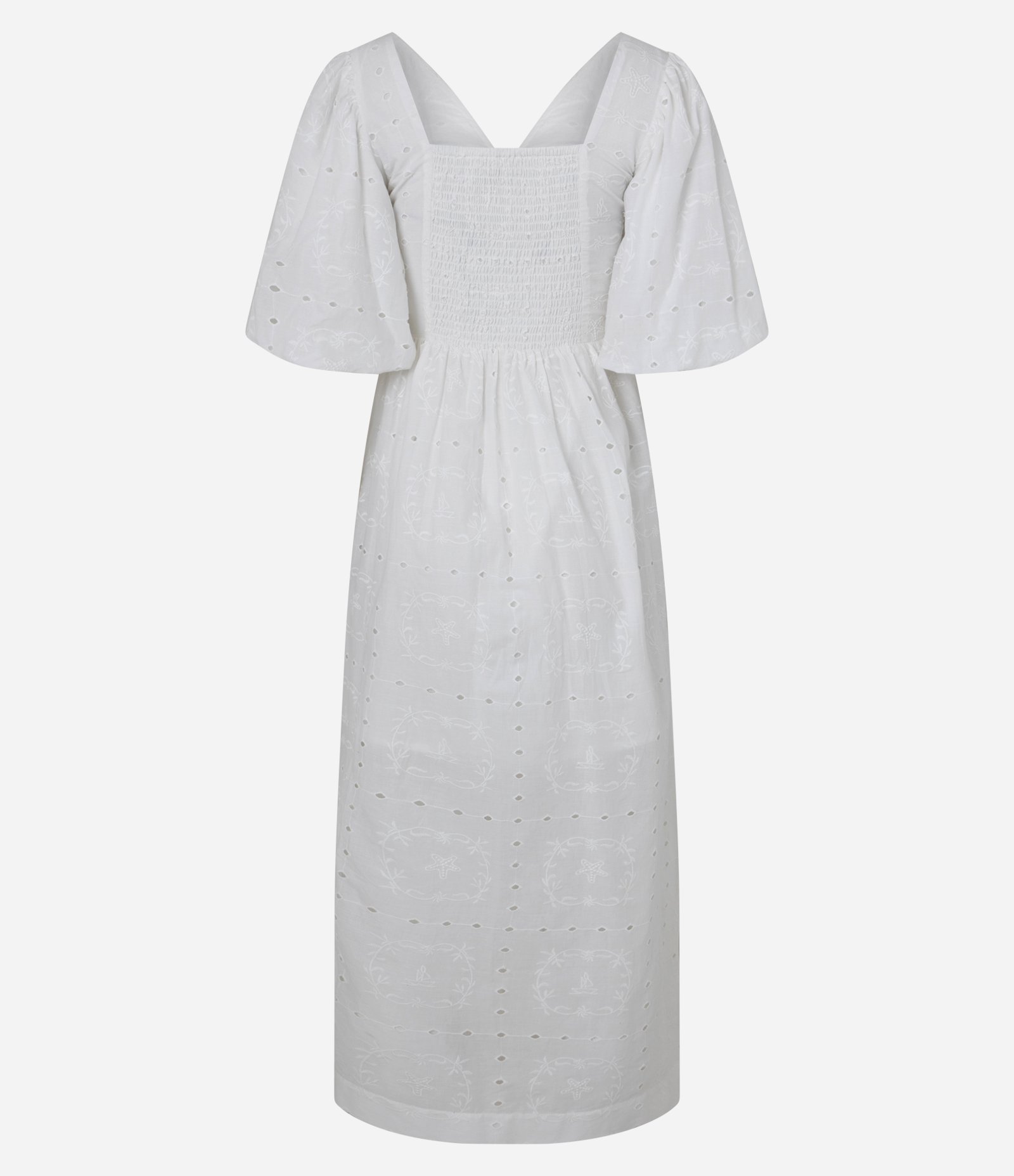 Vestido Reto Longo em Laise com Furos e Bordado de Folhagem Off White 7