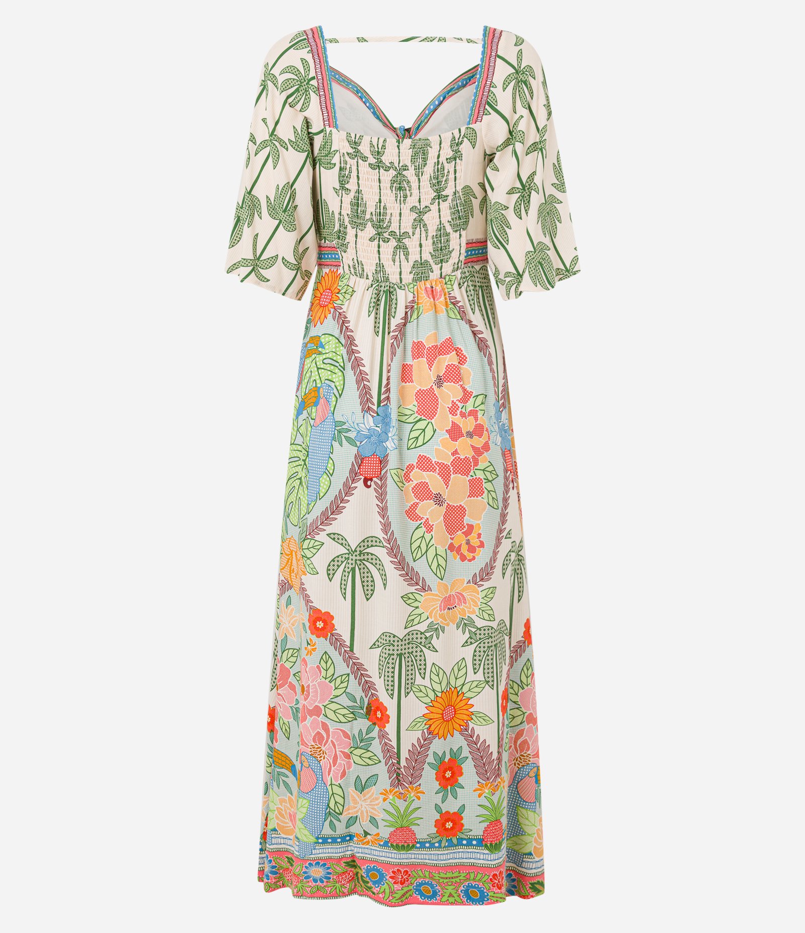 Vestido Evasê Longo em Chalis com Estampa Tropical Bege 8