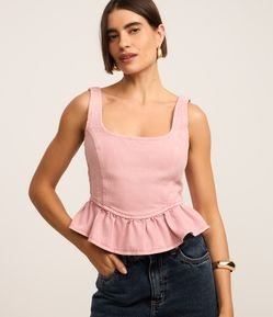 Blusa em Sarja Corsetada com Babado na Barra