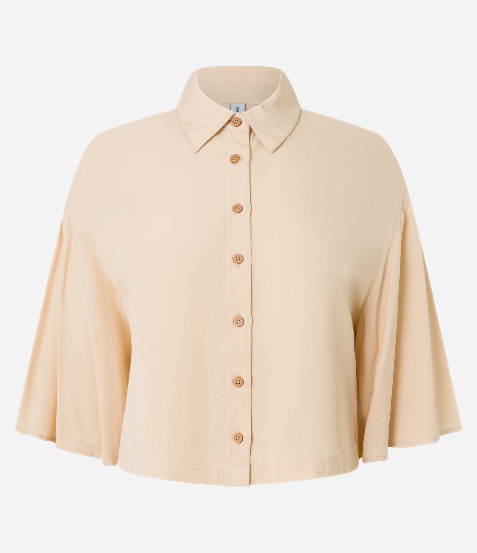 Camisa Curta com Mangas Amplas e Fechamento por Botões Bege 5