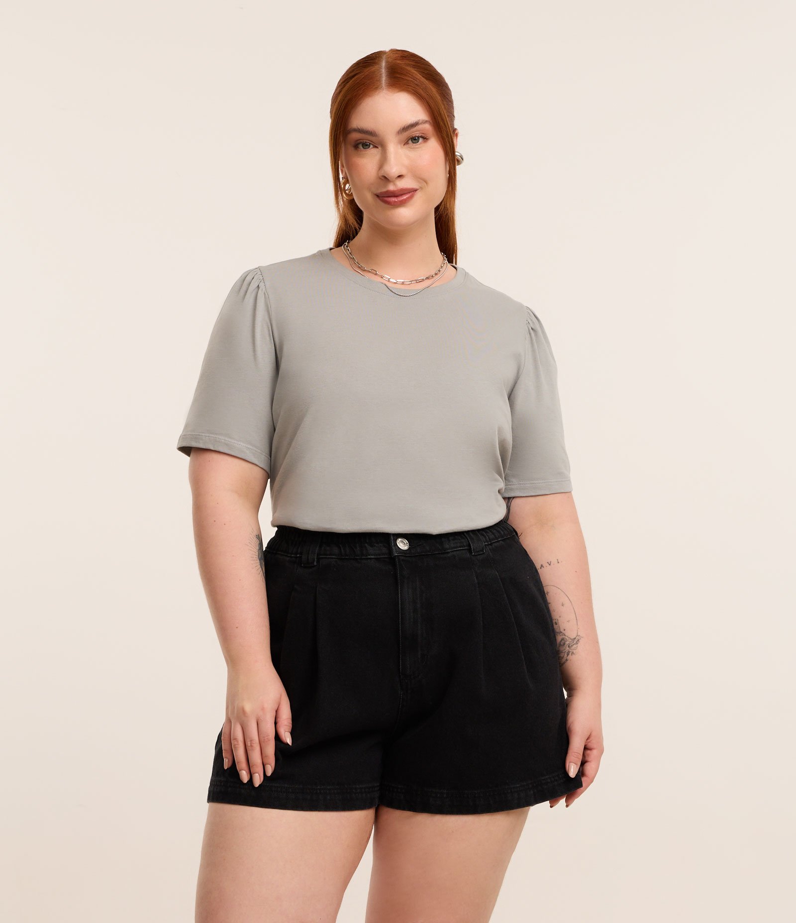 Blusa em Algodão com Manga Bufante Curve & Plus Size Cinza 1