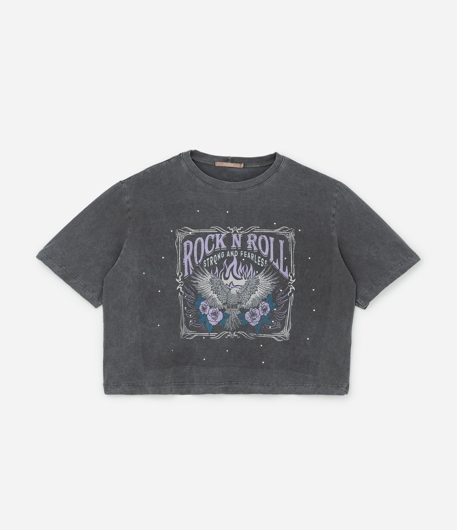 Camiseta Boxy Estonada com Estampa Rock and Roll Curve & Plus Size Preto Estonado 3