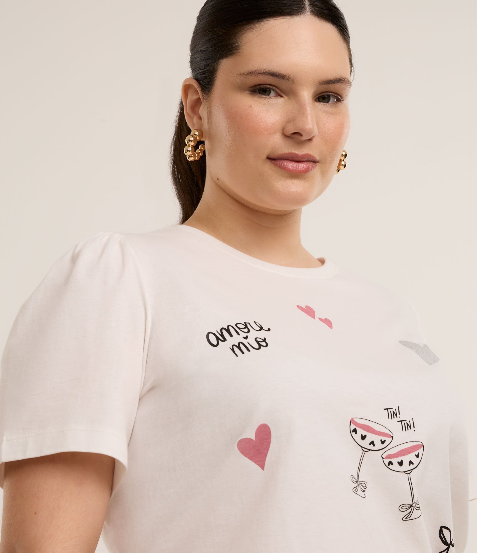 Blusa em Algodão com Manga Bufante e Estampa Romântica Curve & Plus Size Branco 2