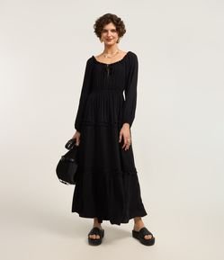 Vestido Longo em Alfaiataria com Decote Ombro a Ombro