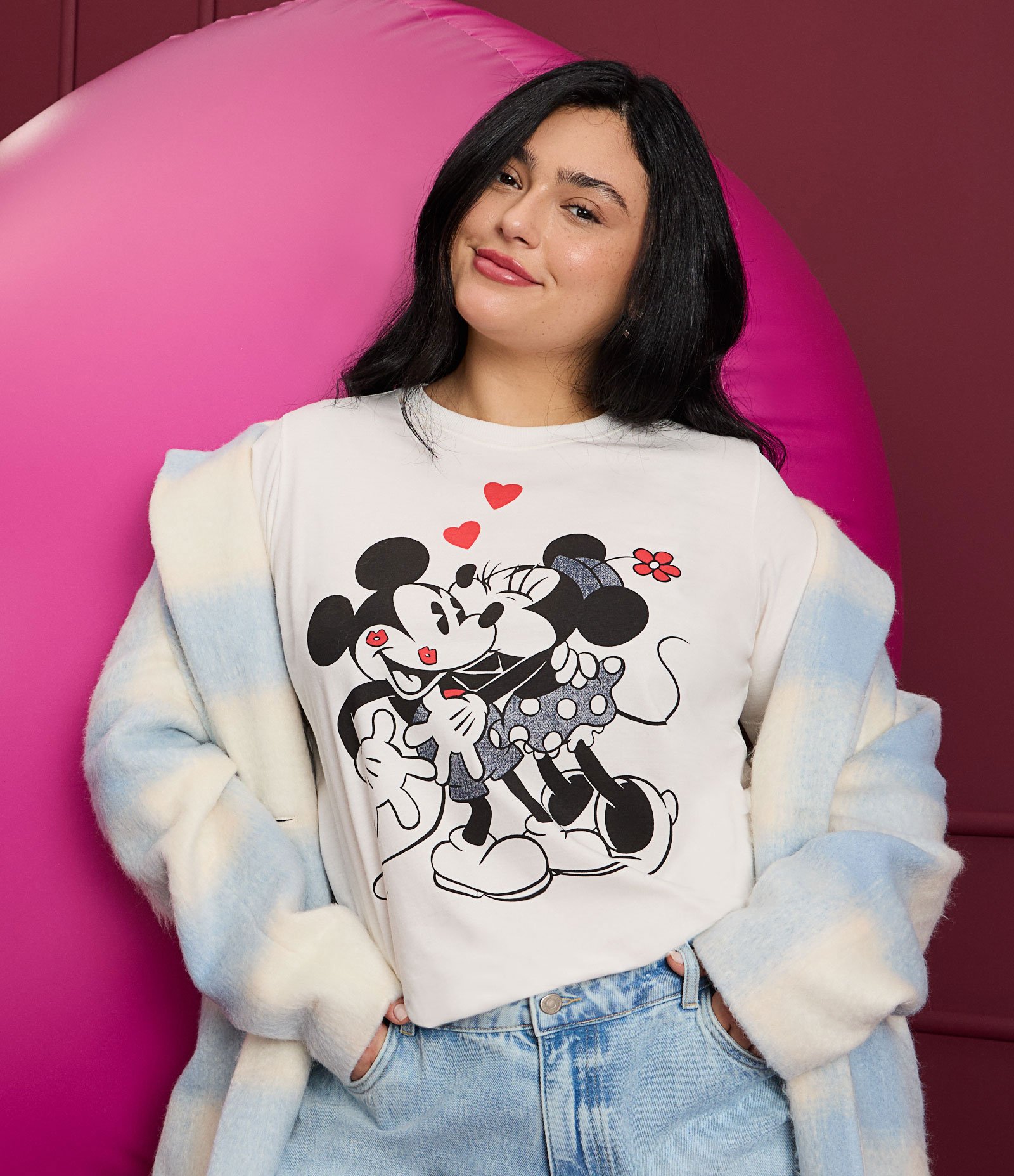 Camiseta em Algodão Estampa Mickey e Minnie Curve & Plus Size Branco 1