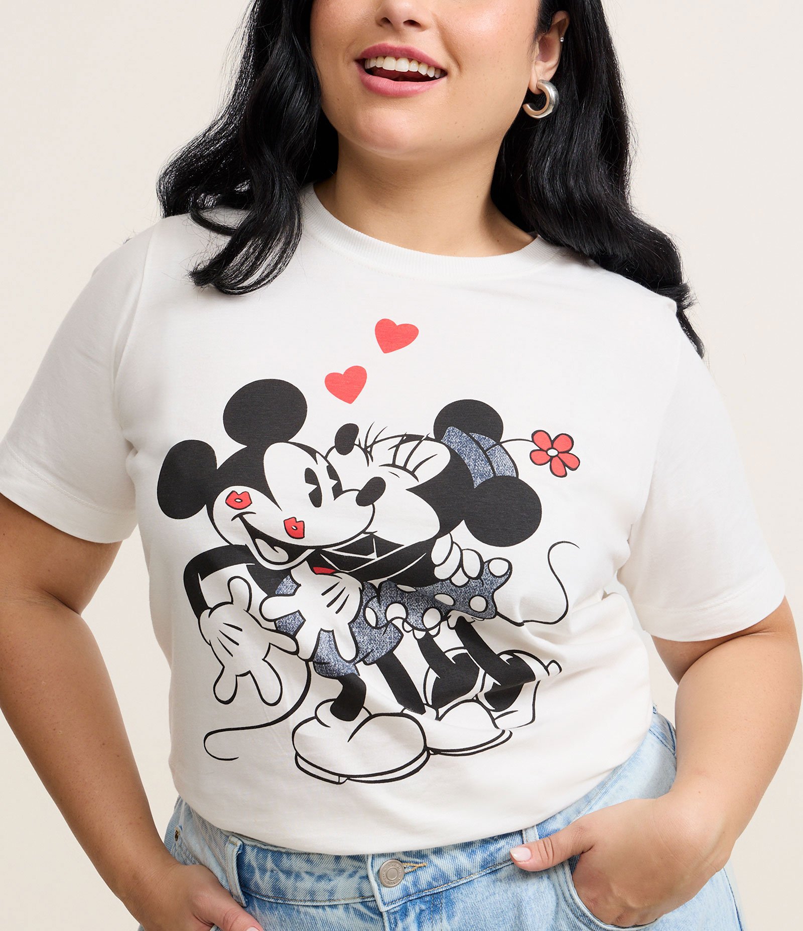 Camiseta em Algodão Estampa Mickey e Minnie Curve & Plus Size Branco 3