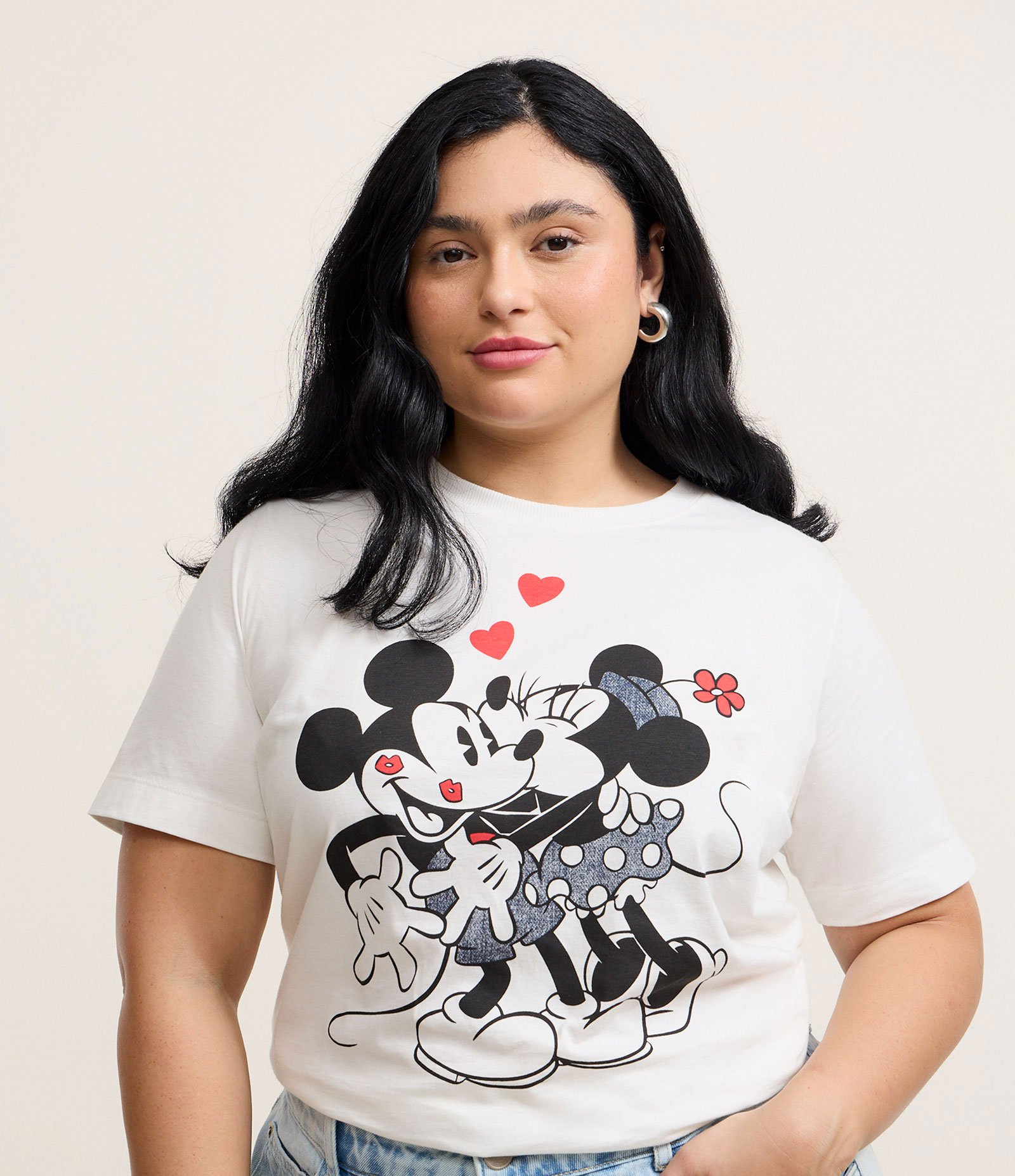 Camiseta em Algodão Estampa Mickey e Minnie Curve & Plus Size Branco 4