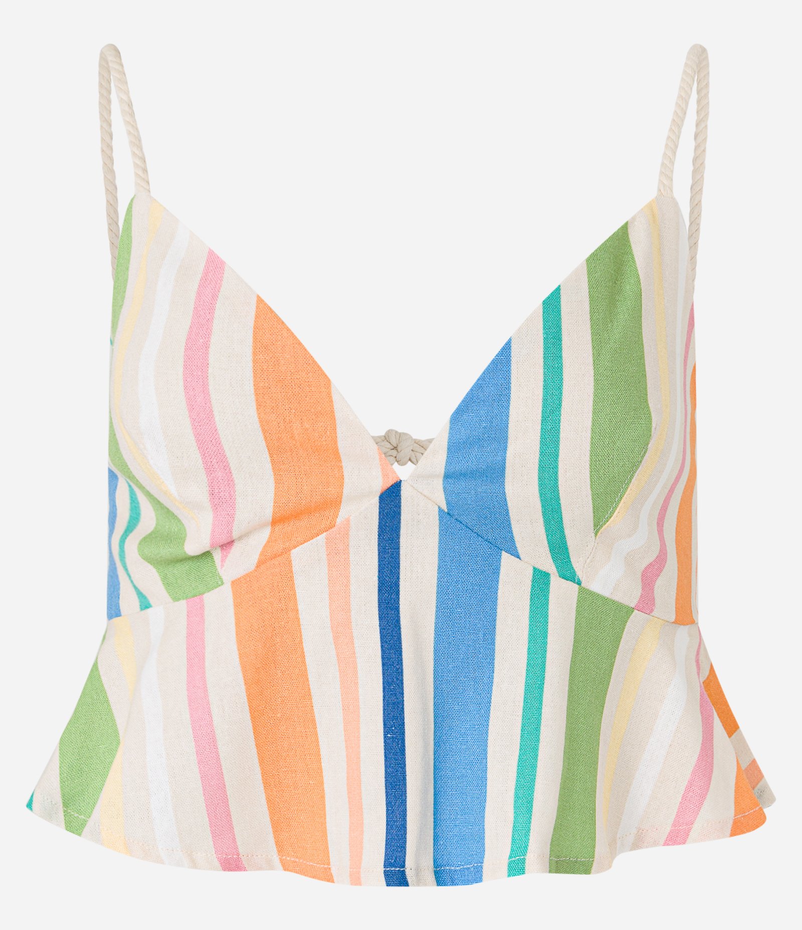 Blusa Cropped em Viscolinho com Lastex e Estampa Listrada Bege 7