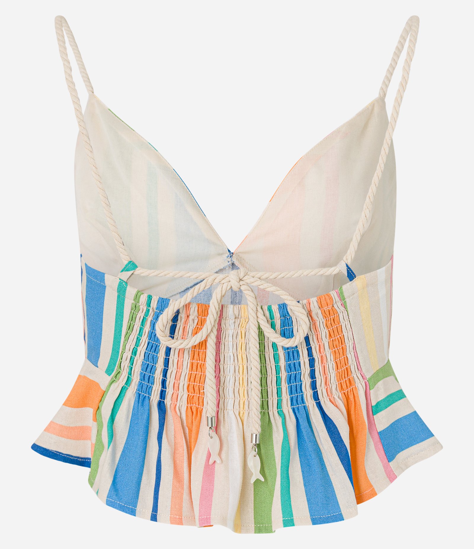 Blusa Cropped em Viscolinho com Lastex e Estampa Listrada Bege 8