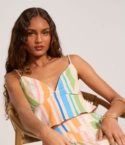 Blusa Cropped em Viscolinho com Lastex e Estampa Listrada