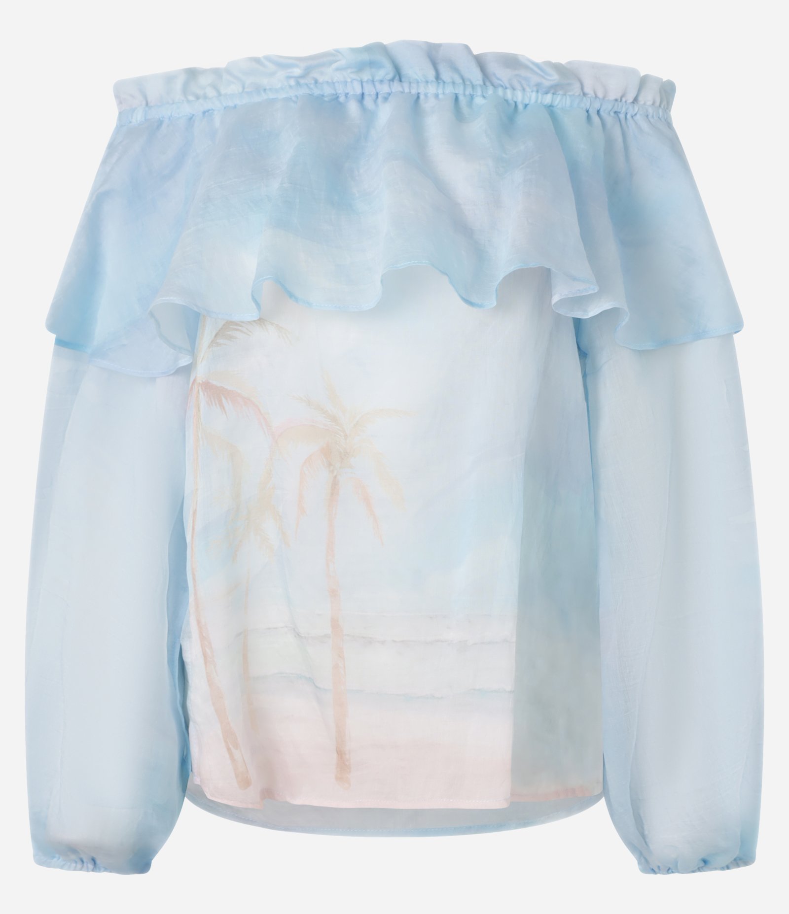 Blusa Ombro a Ombro em Voal com Estampa Tropical Degradê Azul 6