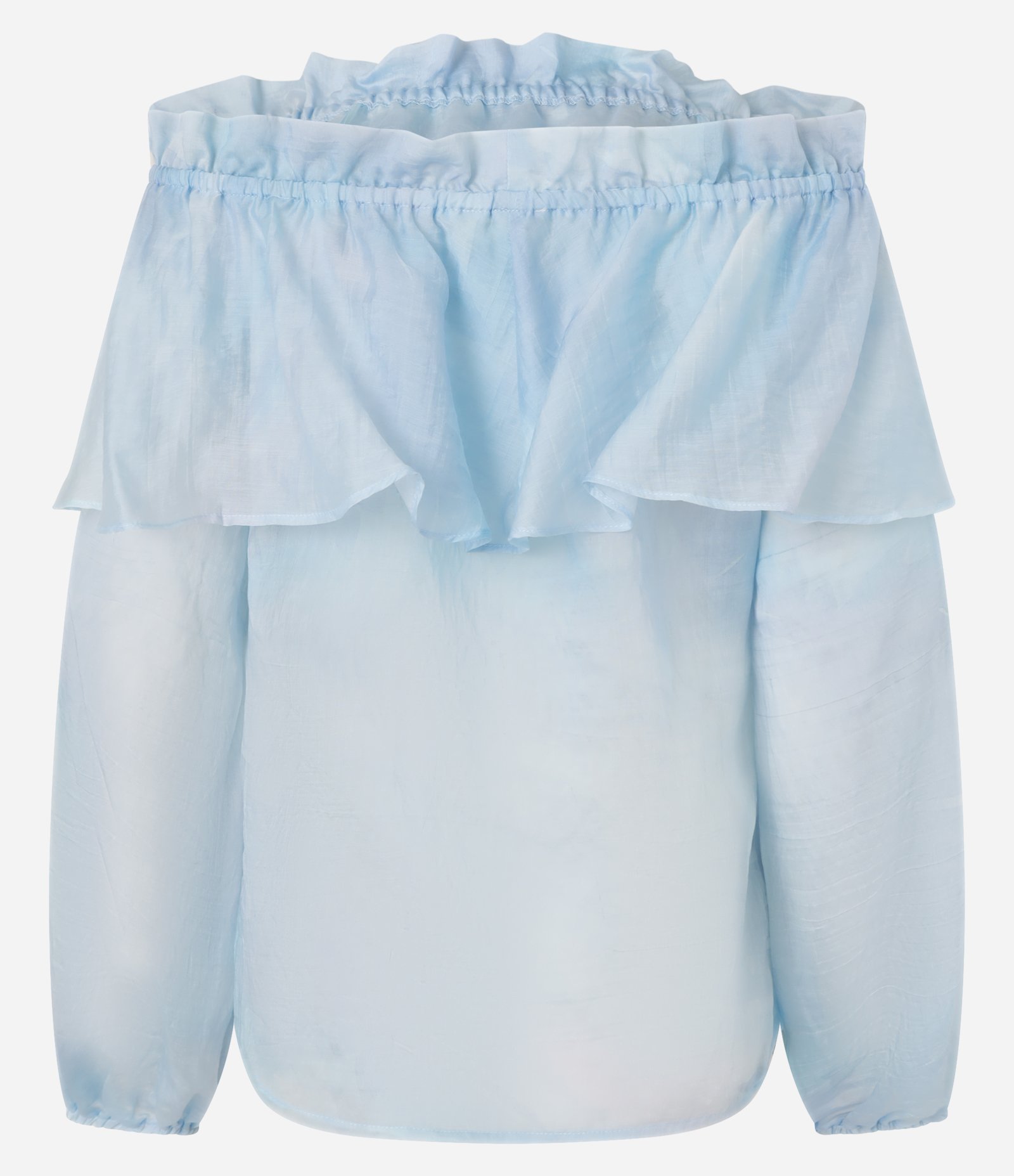 Blusa Ombro a Ombro em Voal com Estampa Tropical Degradê Azul 7