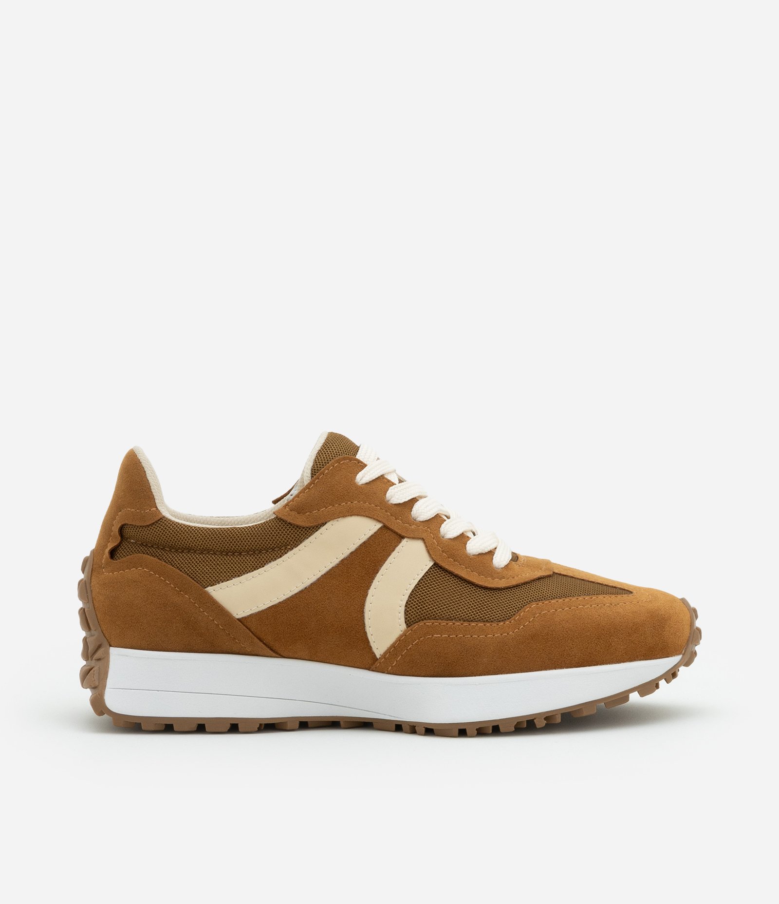 Tênis Jogging em PU com Recortes Contrastantes Caramelo 1