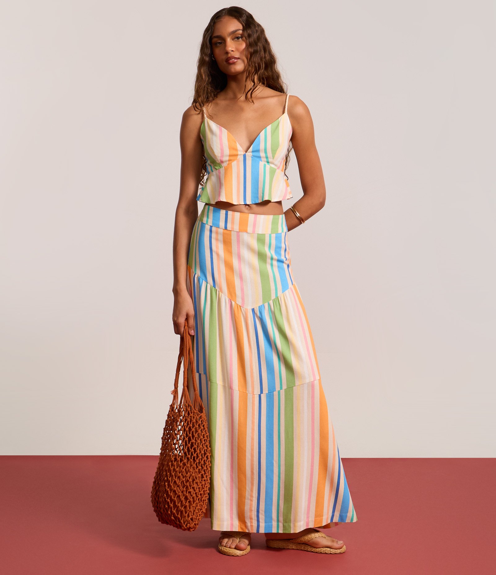 Saia Longa em Viscolinho com Recortes e Listras Multicores 5