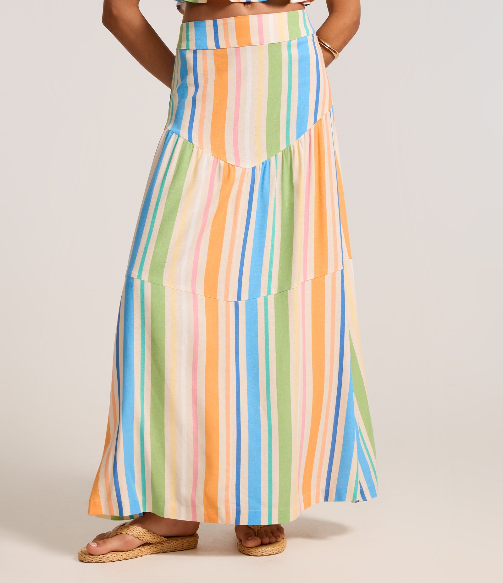 Saia Longa em Viscolinho com Recortes e Listras Multicores 3