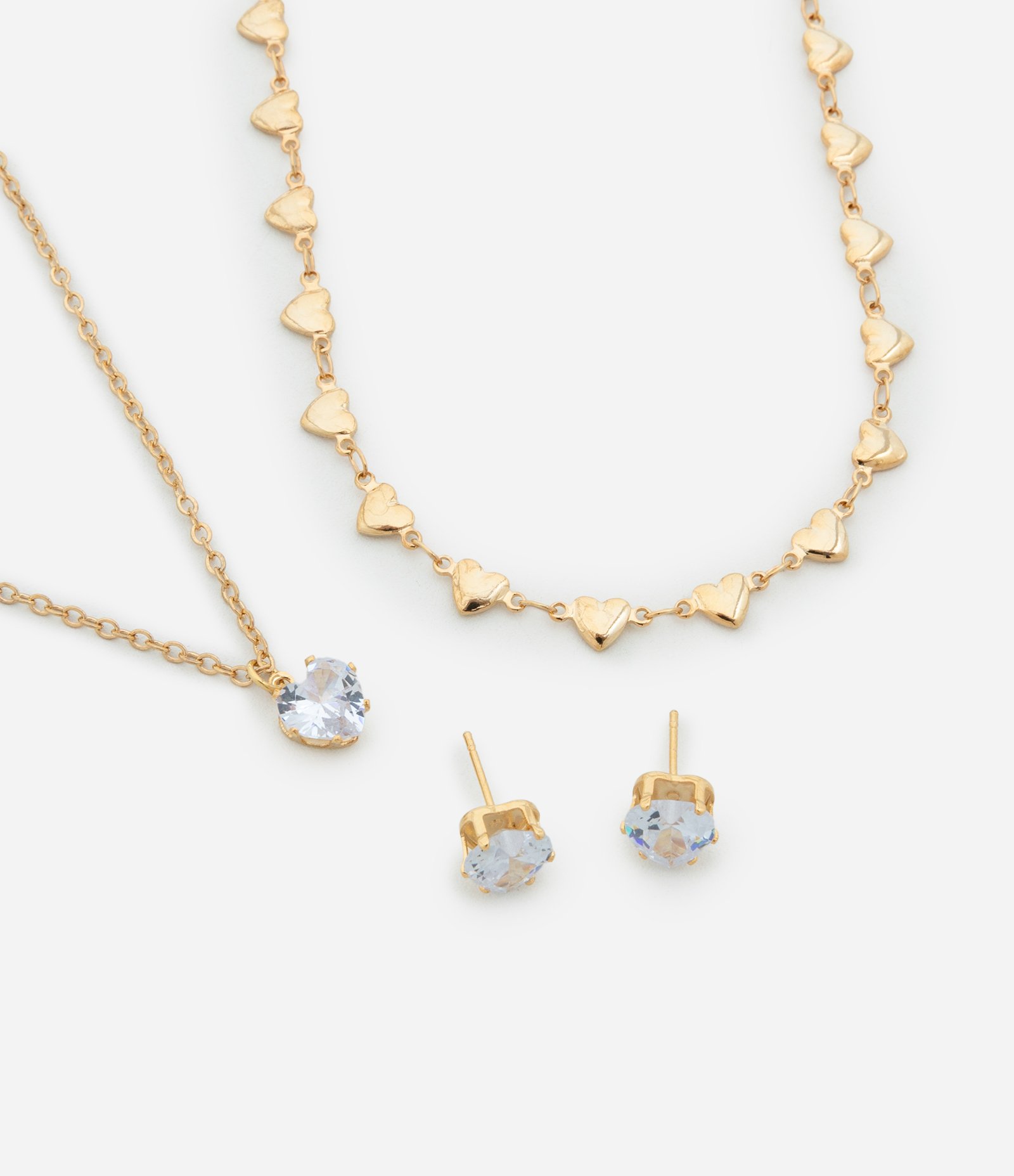 Conjunto de Colares e Brinco em Metal com Strass e Corações Dourado 1
