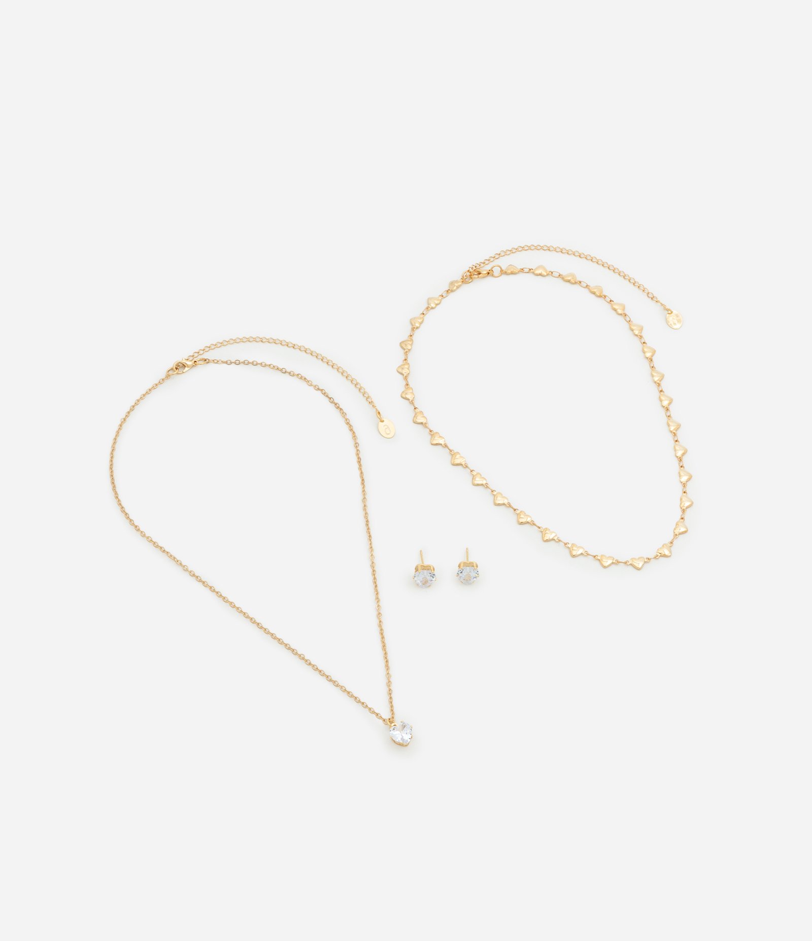 Conjunto de Colares e Brinco em Metal com Strass e Corações Dourado 2