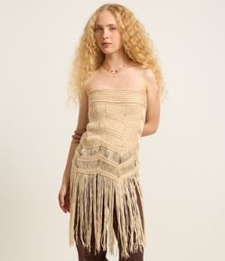 Blusa em Tricot Alongada com Franjas Macrame
