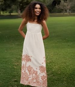 Vestido Evasê Long Midi em Algodão com Coqueiros Bordados