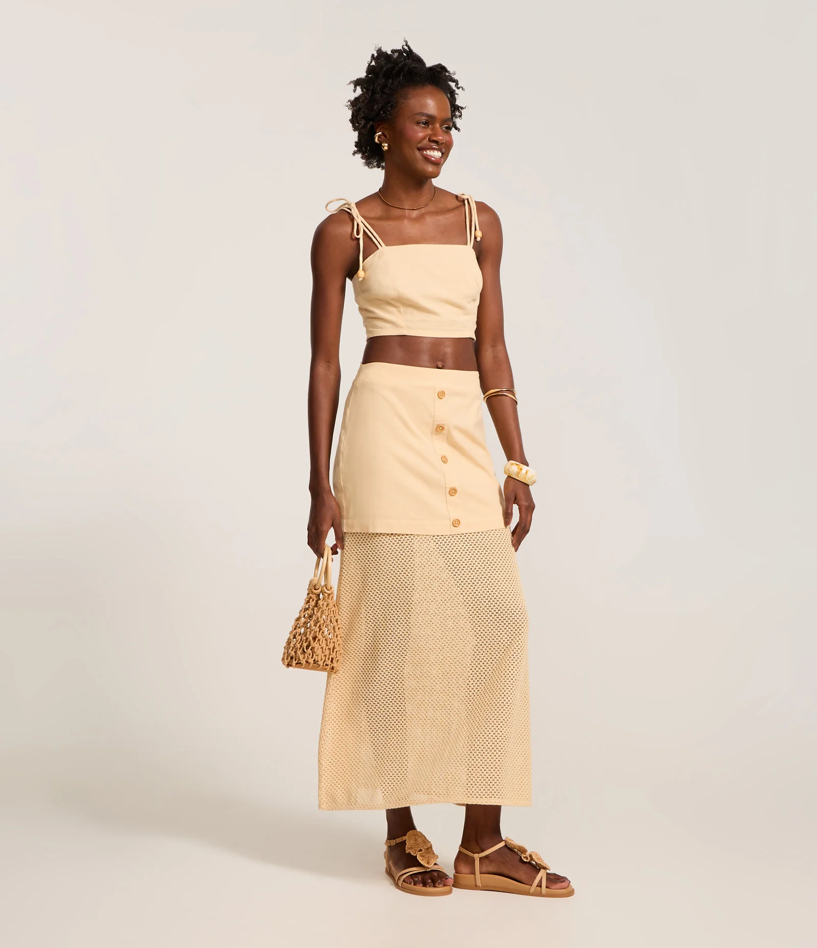 Saia Long Midi Reta em Viscolinho com Botões Frontais Bege 1