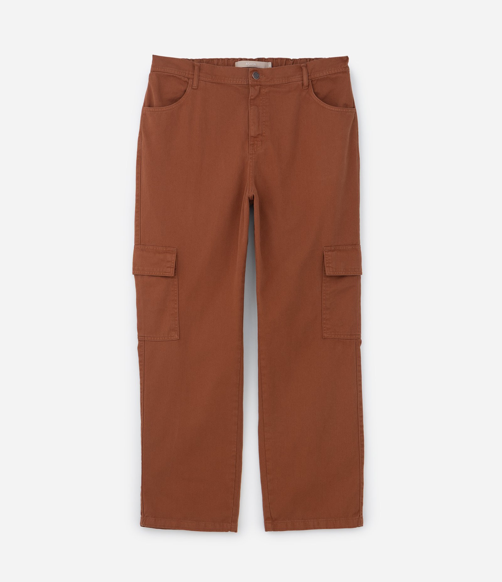 Calça Reta e Sarja com Elástico no Cós e Bolso Cargo Curve & Plus Size Marrom 5