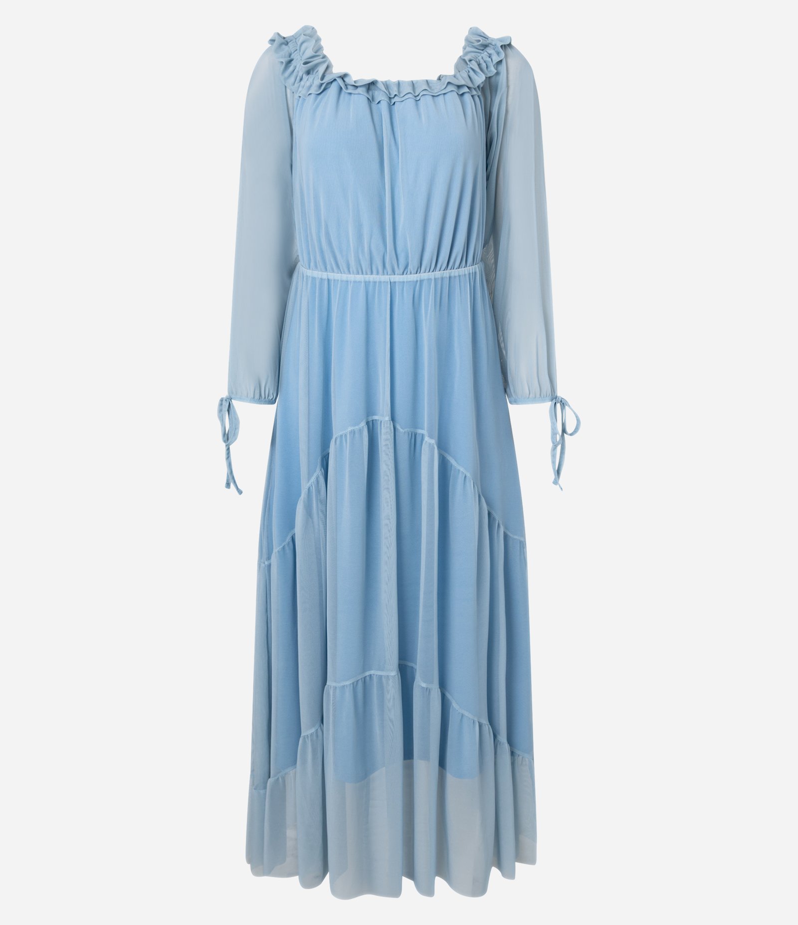 Vestido Longo em Tule com Decote Ombro a Ombro e Recortes Azul 5