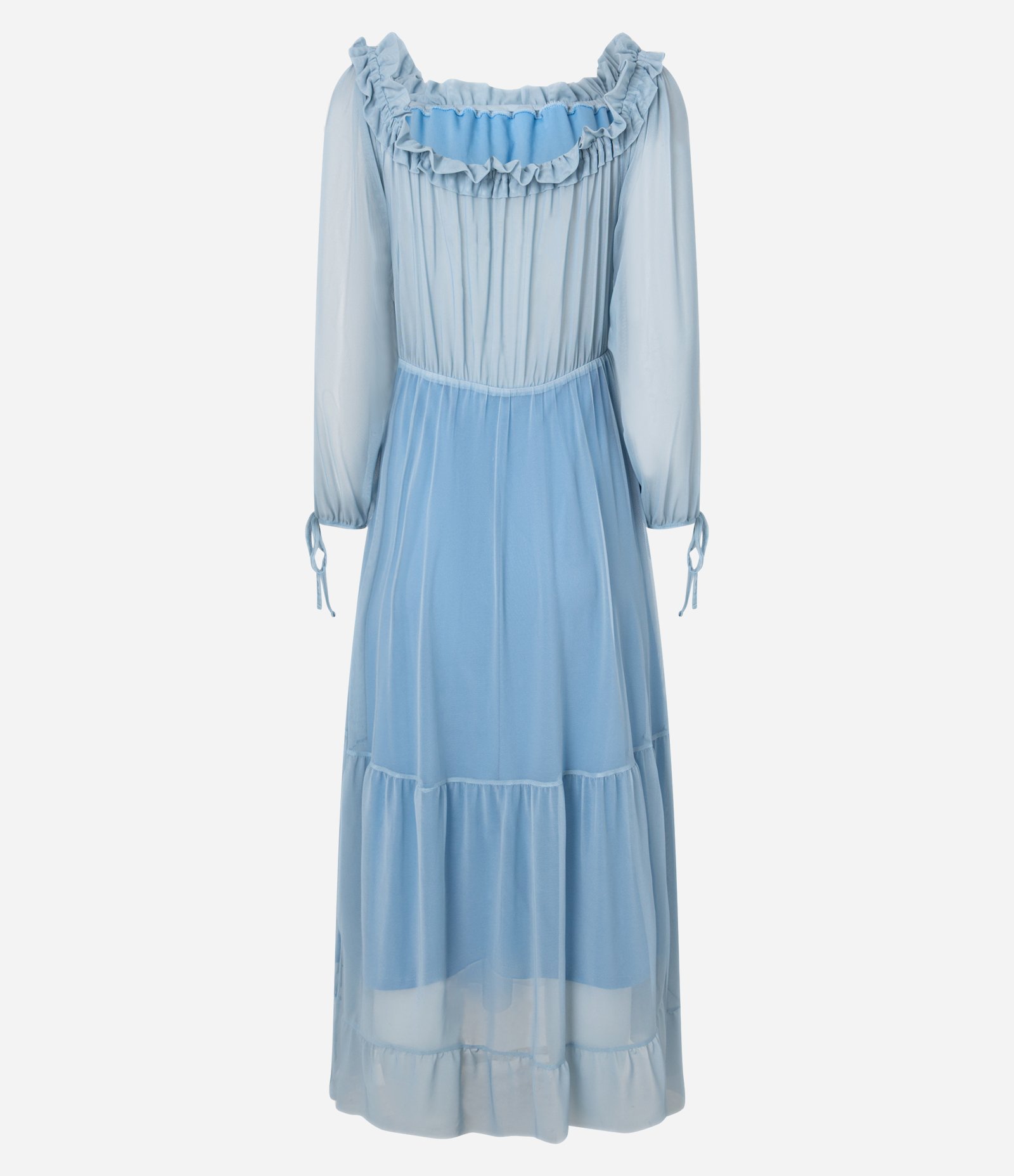 Vestido Longo em Tule com Decote Ombro a Ombro e Recortes Azul 6