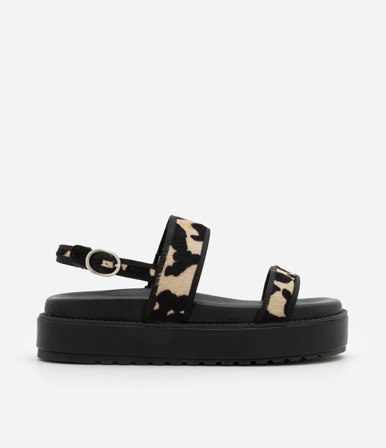 Sandália Flatform em Couro com Detalhes de Animal Print Preto 1