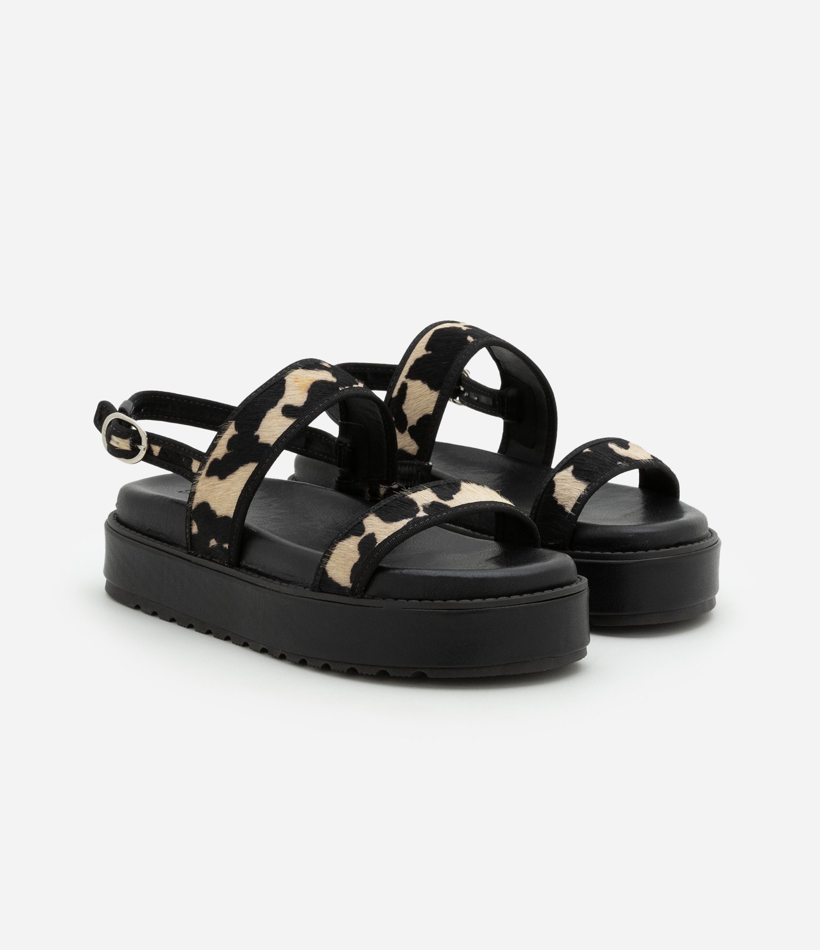Sandália Flatform em Couro com Detalhes de Animal Print Preto 2