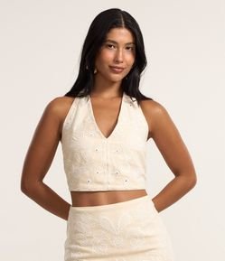 Blusa Cropped Frente Única em Algodão com Bordado Floral