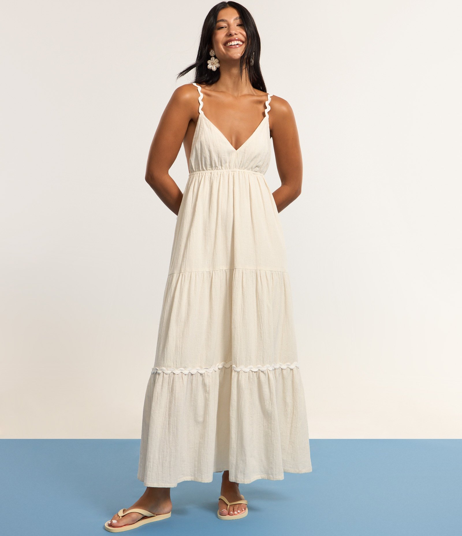 Vestido Long Midi com Linho Aviamentos e Babados Bege 5