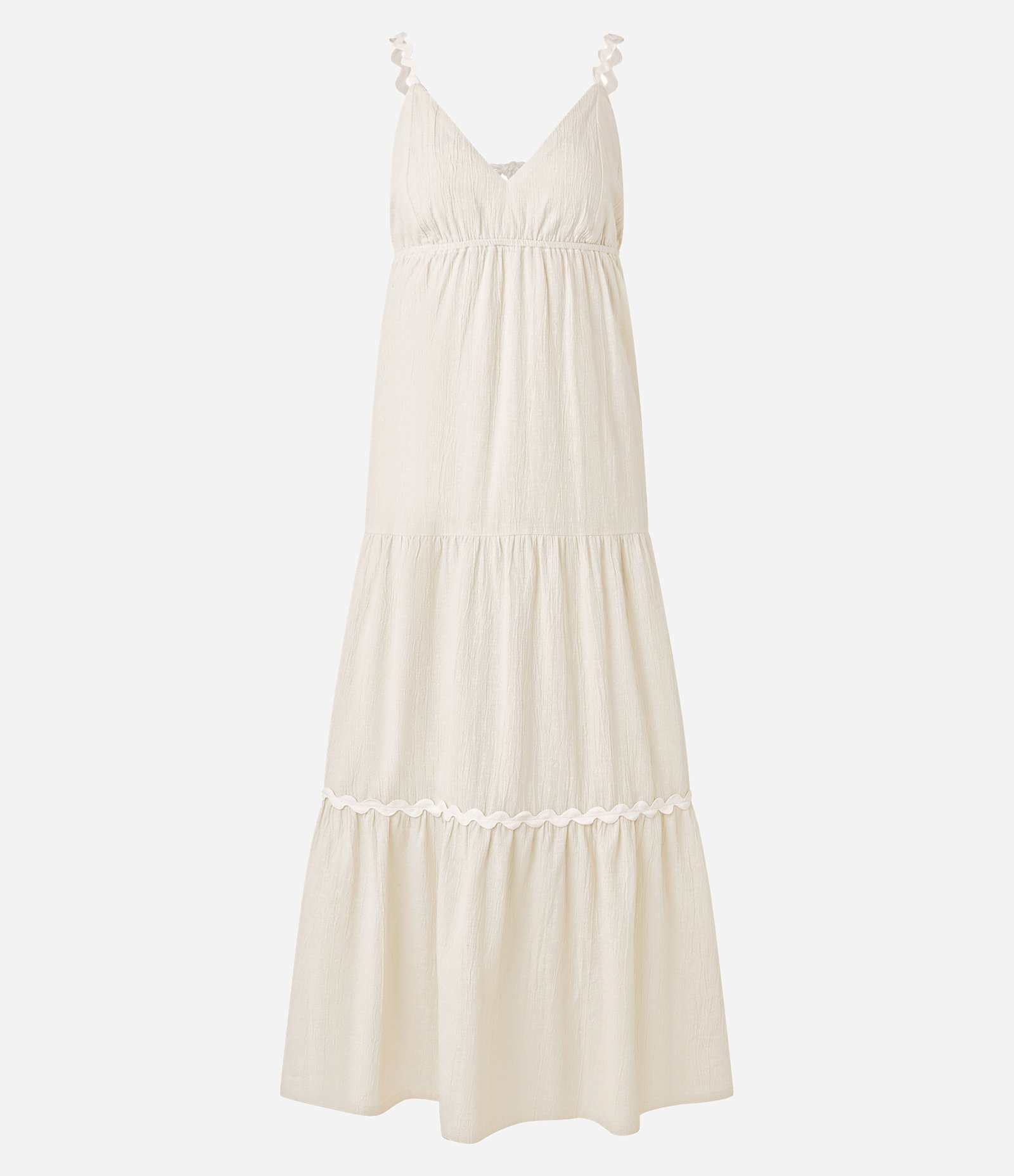 Vestido Long Midi com Linho Aviamentos e Babados Bege 7