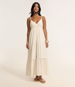 Vestido Long Midi com Linho Aviamentos e Babados