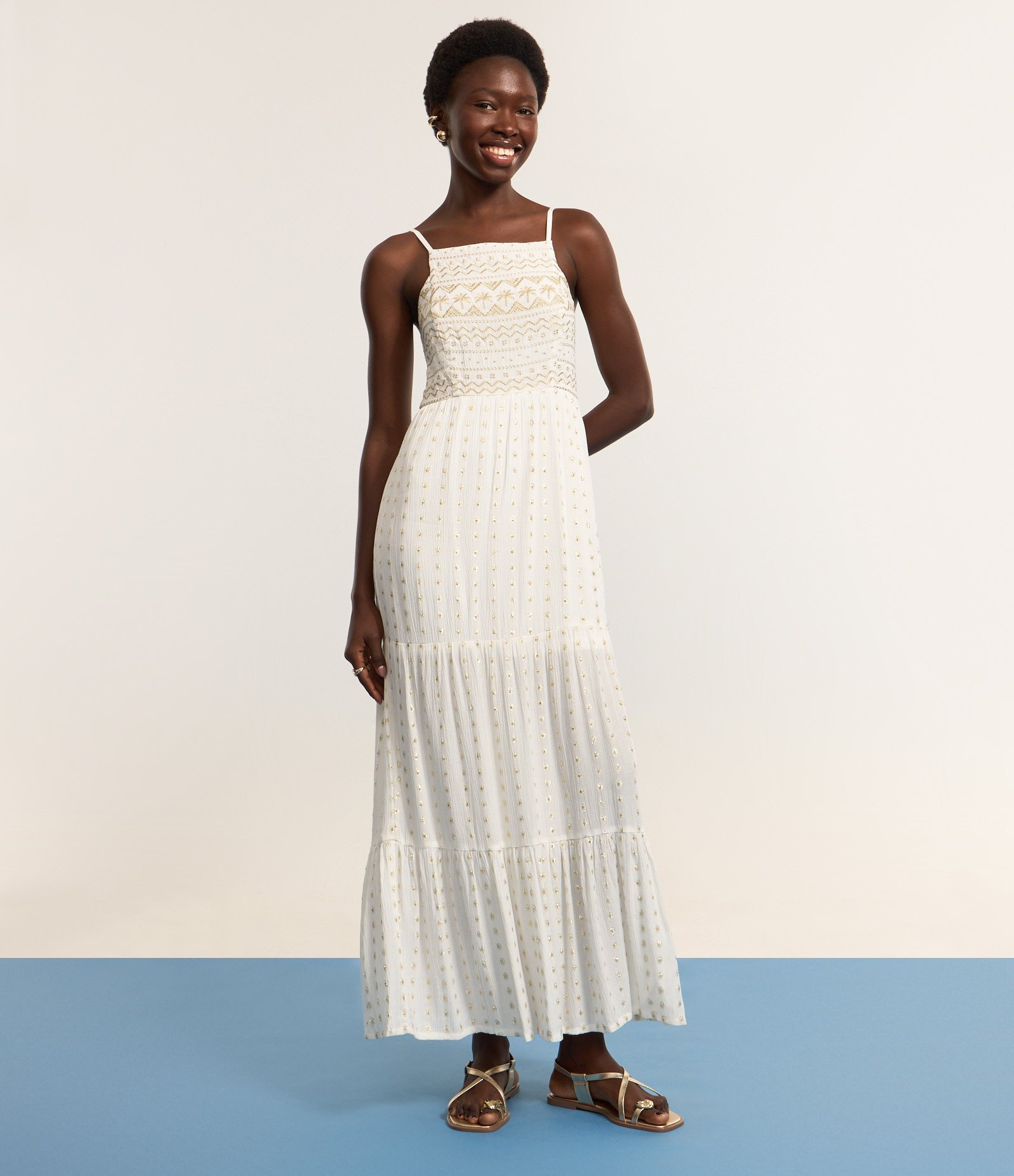 Vestido Longo em Crepe com Bordados Metalizados Branco 5