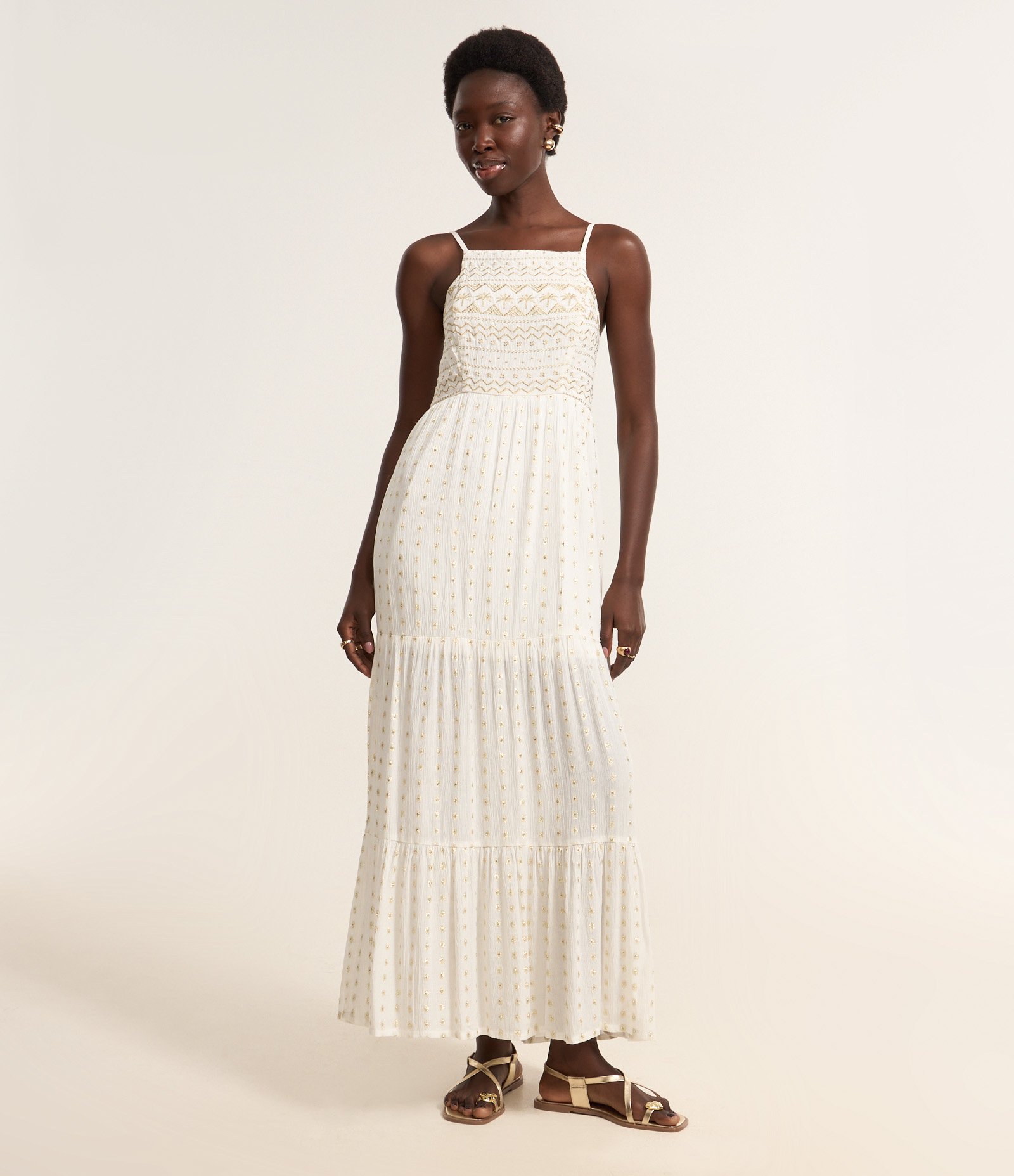 Vestido Longo em Crepe com Bordados Metalizados Branco 1
