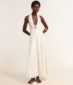 Vestido Longo com Fio Metalizado Frente Único e Concha Contrastante