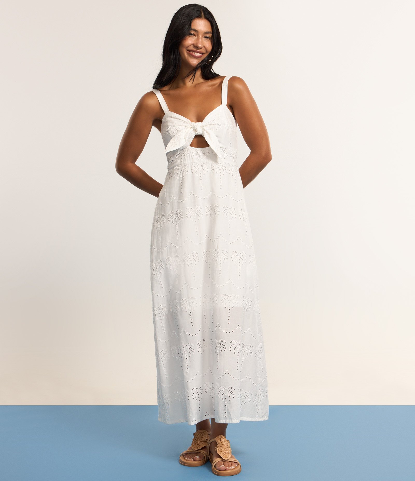 Vestido New Midi com Nózinho Frontal e Estampa Tropical Branco 5