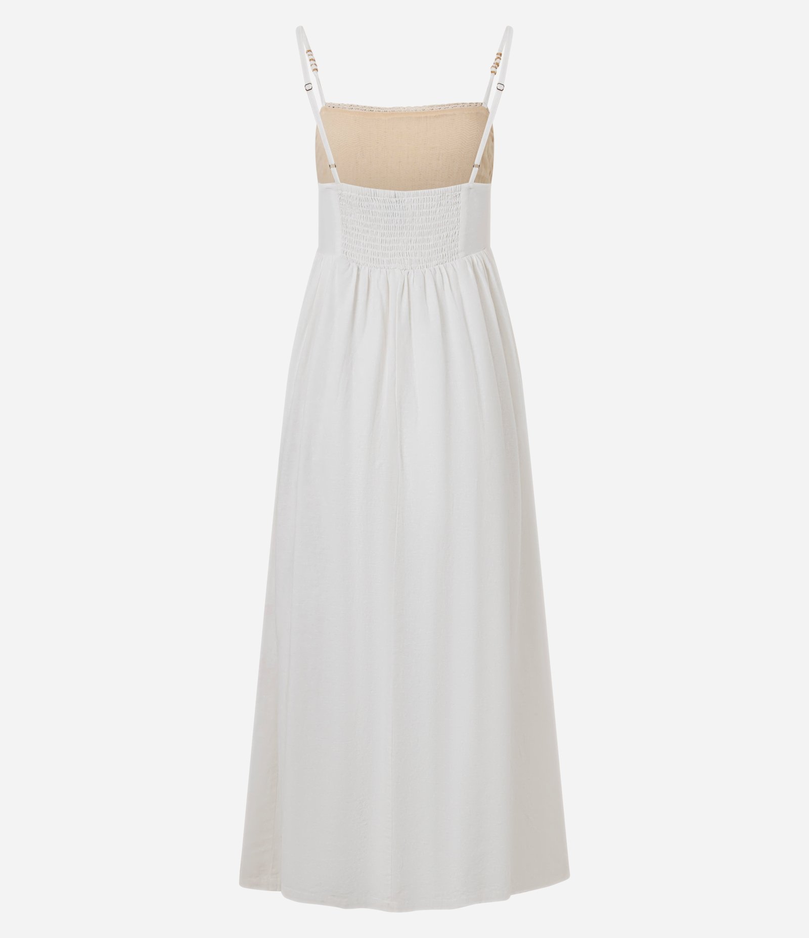 Vestido Long Midi com Linho e Coqueiro Bordado Bicolor Branco/Bege 9