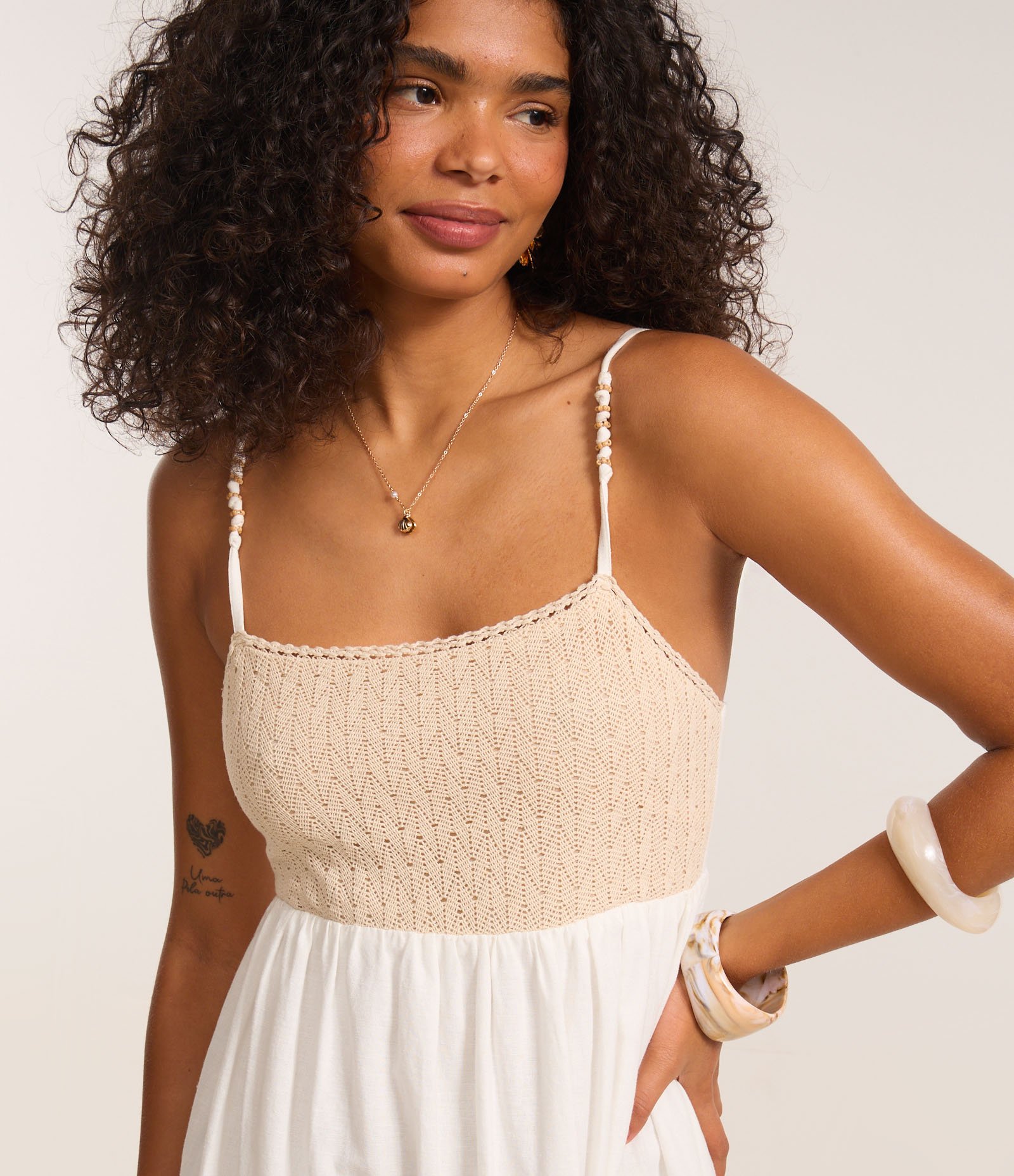 Vestido Long Midi com Linho e Coqueiro Bordado Bicolor Branco/Bege 3