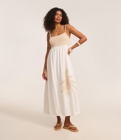 Vestido Long Midi com Linho e Coqueiro Bordado Bicolor