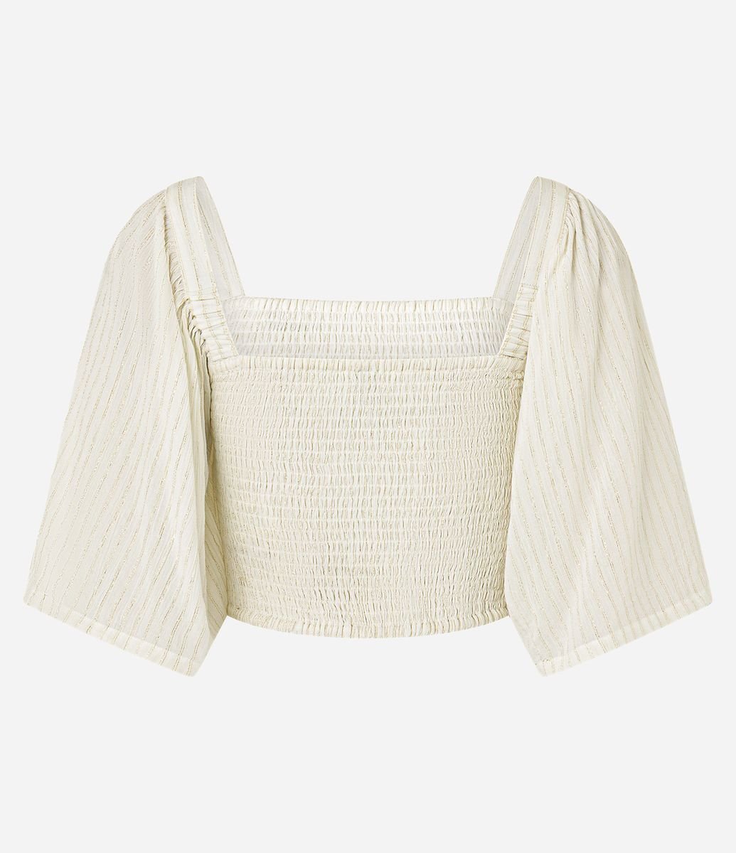 トップス 808 Blusa Croppet com Manga Ampla e Lastex Off White