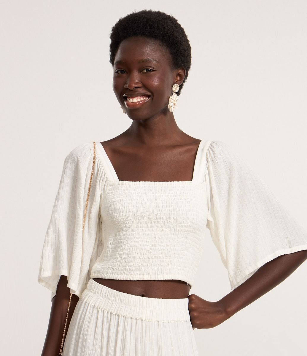 Blusa Croppet com Manga Ampla e Lastex Off White