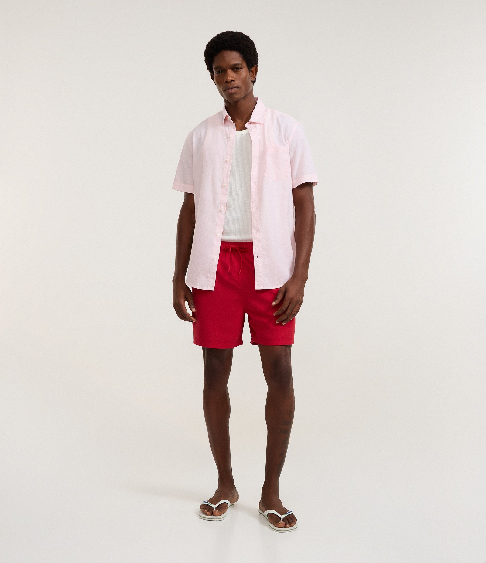 Bermuda de Banho em Peach Touch com Cós Elástico Vermelho 1