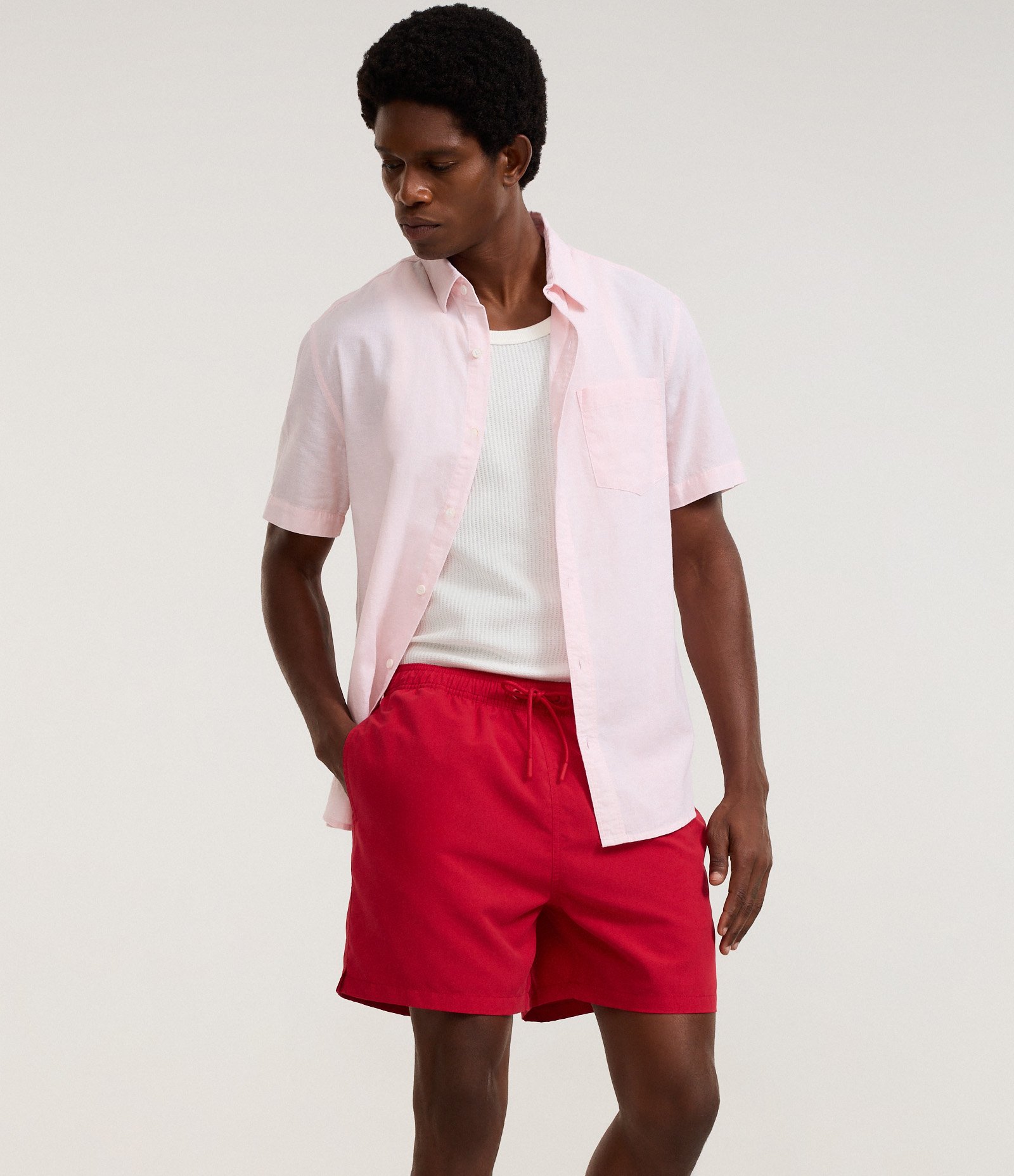 Bermuda de Banho em Peach Touch com Cós Elástico Vermelho 3