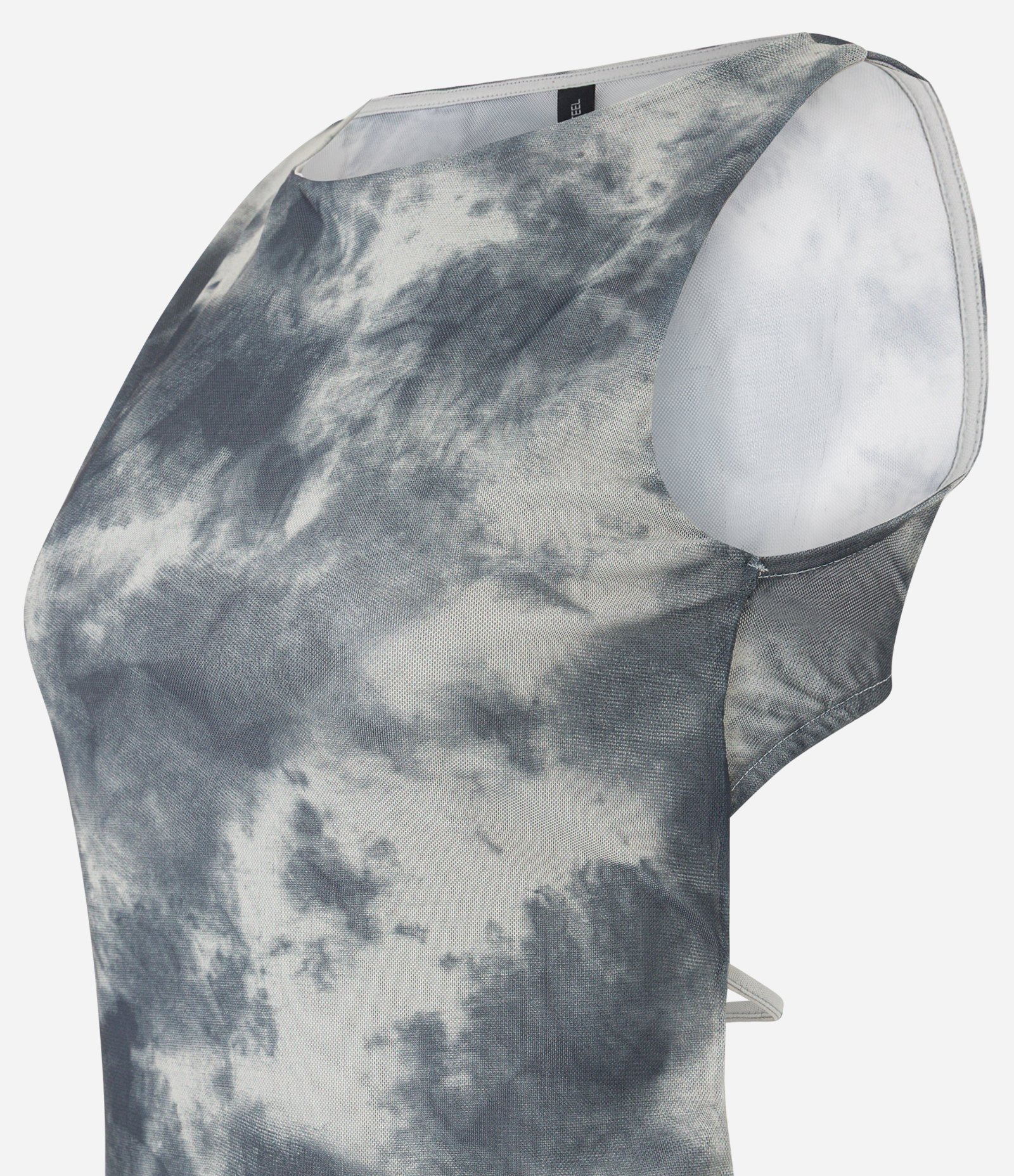 Blusa em Tule com Costas Abertas e Estampa Manchada Cinza 7